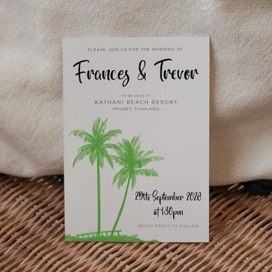 Tropical Palm Tree Lime Green Wedding Invitation on White Card