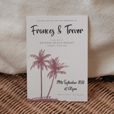 Tropical Palm Tree Mauve Wedding Invitation on White Card