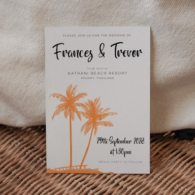 Tropical Palm Tree Orange Wedding Invitation on White Card