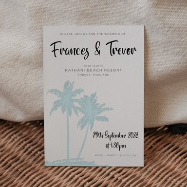 Tropical Palm Tree Pale Blue Wedding Invitation on White Card