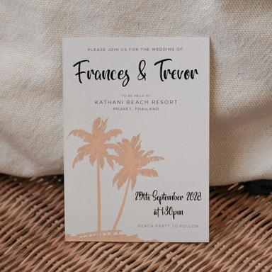 Tropical Palm Tree Peach Wedding Invitation on White Card