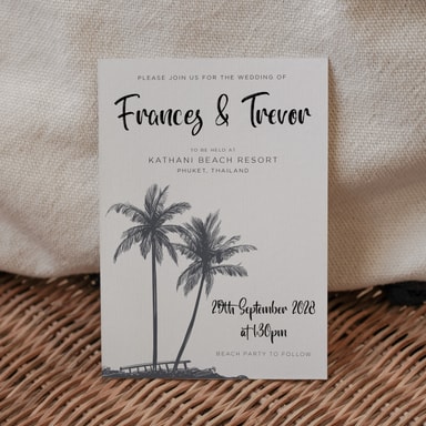 Tropical Palm Tree Pewter Wedding Invitation on White Card