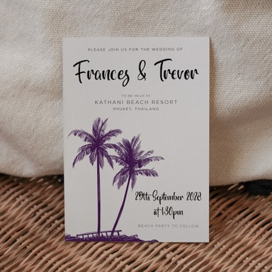 Tropical Palm Tree Plum Wedding Invitation on White Card