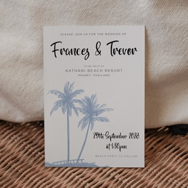 Tropical Palm Tree Powder Blue Wedding Invitation on White Card