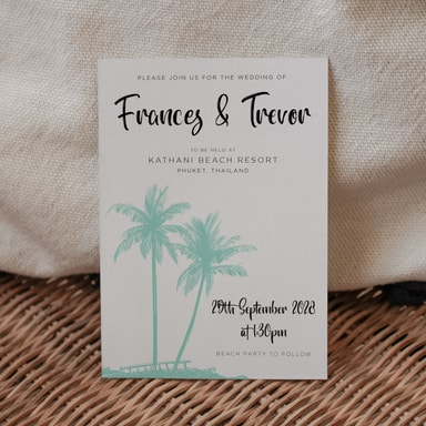 Tropical Palm Tree Robin Egg Blue Wedding Invitation on White Card