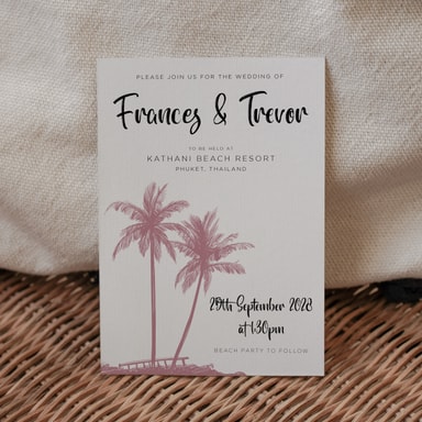 Tropical Palm Tree Rose Gold Wedding Invitation on White Card