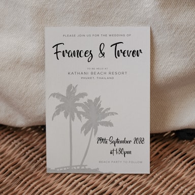 Tropical Palm Tree Silver Wedding Invitation on White Card