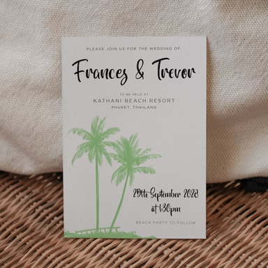 Tropical Palm Tree Spring Green Wedding Invitation on White Card