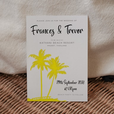 Tropical Palm Tree Yellow Wedding Invitation on White Card