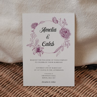 Vintage Botanical Aubergine Wedding Invitation on White Card