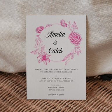 Vintage Botanical Bright Pink Wedding Invitation on White Card