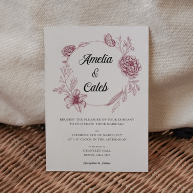 Vintage Botanical Burgundy Wedding Invitation on White Card