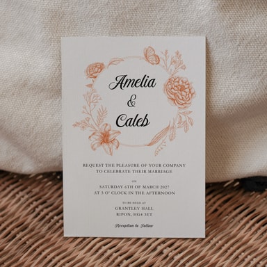 Vintage Botanical Burnt Orange Wedding Invitation on White Card