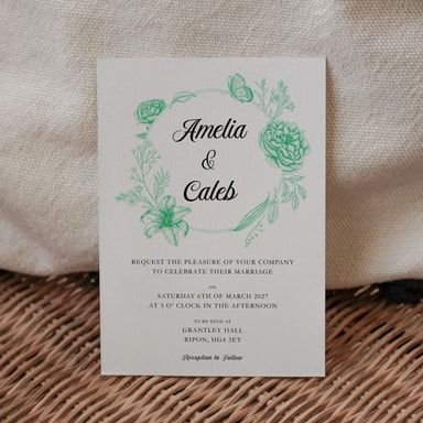 Vintage Botanical Clover Green Wedding Invitation on White Card