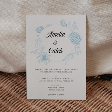Vintage Botanical Duck Egg Blue Wedding Invitation on White Card