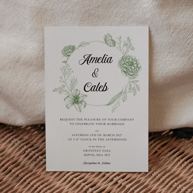 Vintage Botanical Forest Green Wedding Invitation on White Card