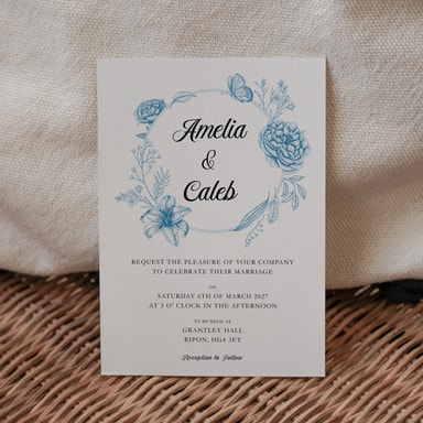 Vintage Botanical Marine Blue Wedding Invitation on White Card