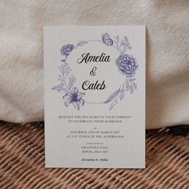 Vintage Botanical Navy Blue Wedding Invitation on White Card