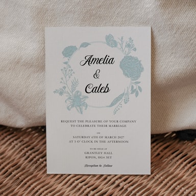 Vintage Botanical Pale Blue Wedding Invitation on White Card