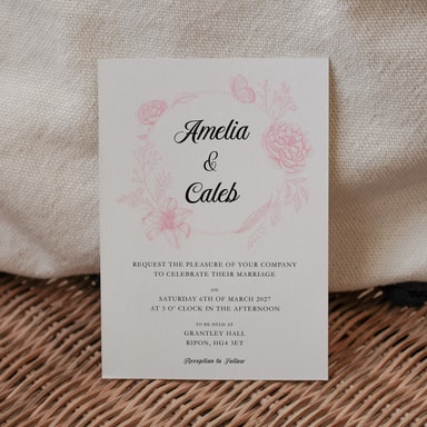 Vintage Botanical Pastel Pink Wedding Invitation on White Card