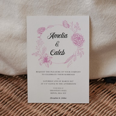 Vintage Botanical Rose Pink Wedding Invitation on White Card