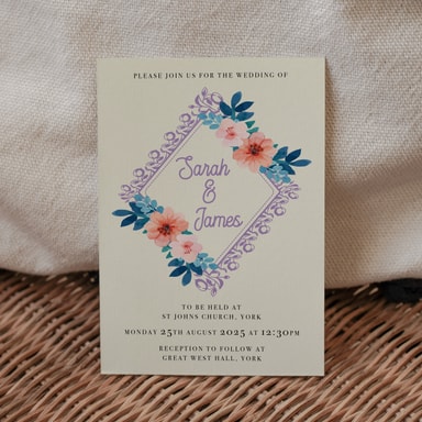 Vintage Floral Amethyst Wedding Invitation on Cream Card