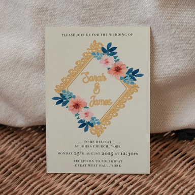 Vintage Floral Apricot Wedding Invitation on Cream Card