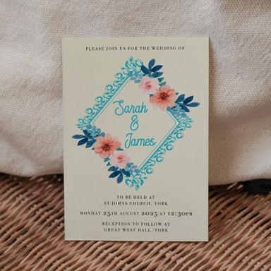 Vintage Floral Aqua Blue Wedding Invitation on Cream Card