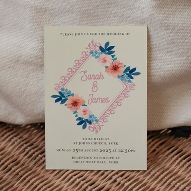 Vintage Floral Blush Pink Wedding Invitation on Cream Card