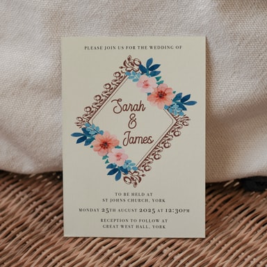 Vintage Floral Brown Wedding Invitation on Cream Card