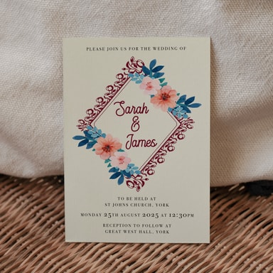Vintage Floral Burgundy Wedding Invitation on Cream Card