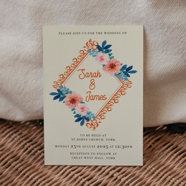 Vintage Floral Burnt Orange Wedding Invitation on Cream Card