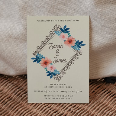 Vintage Floral Charcoal Wedding Invitation on Cream Card