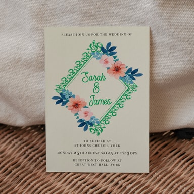 Vintage Floral Clover Green Wedding Invitation on Cream Card
