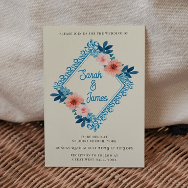 Vintage Floral Cobalt Blue Wedding Invitation on Cream Card