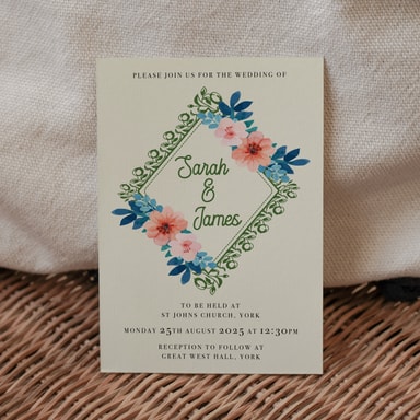Vintage Floral Forest Green Wedding Invitation on Cream Card