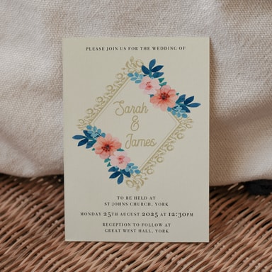 Vintage Floral Gold Wedding Invitation on Cream Card