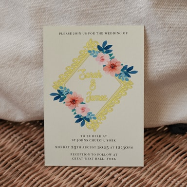 Vintage Floral Lemon Wedding Invitation on Cream Card