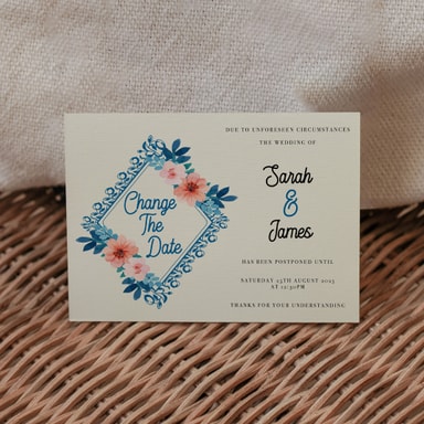 Vintage Floral Marine Blue Change The Date Card on Cream Card