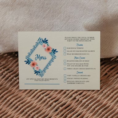Vintage Floral Marine Blue Menu Card with Choices on Cream Card