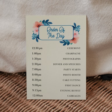 Vintage Floral Marine Blue Order Of The Day Card on Cream Card