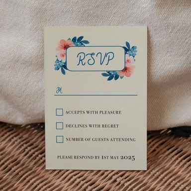 Vintage Floral Marine Blue Rsvp Card with Response on Cream Card