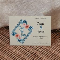 Vintage Floral Marine Blue Save The Date Card on Cream Card