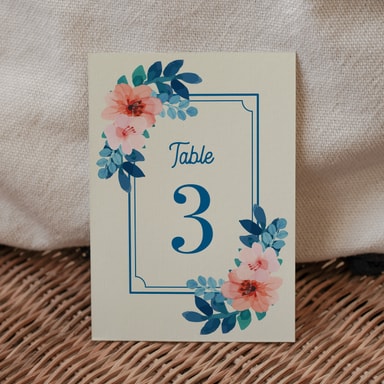 Vintage Floral Marine Blue Table Number Card on Cream Card