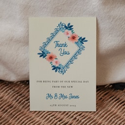 Vintage Floral Marine Blue Thank You Card on Cream Card