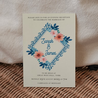 Vintage Floral Marine Blue Wedding Evening Invitation on Cream Card