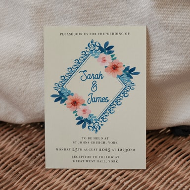 Vintage Floral Marine Blue Wedding Invitation on Cream Card