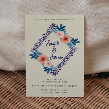 Vintage Floral Navy Blue Wedding Invitation on Cream Card