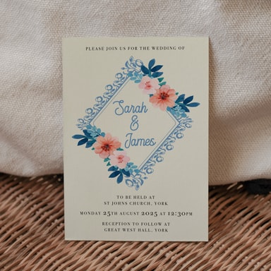 Vintage Floral Pastel Blue Wedding Invitation on Cream Card