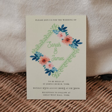 Vintage Floral Spring Green Wedding Invitation on Cream Card